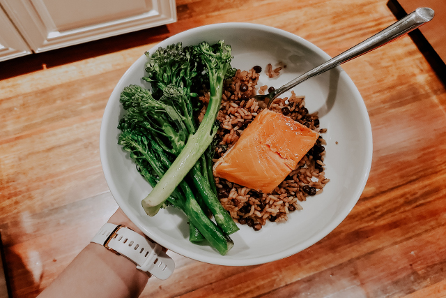 Salmon, baby broccoli and rice lentil mix from Hungryroot